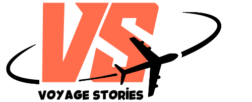 Logo with bold "VS" initials, a flying airplane, and the text "Voyage Stories" beneath, symbolizing travel and adventure.
